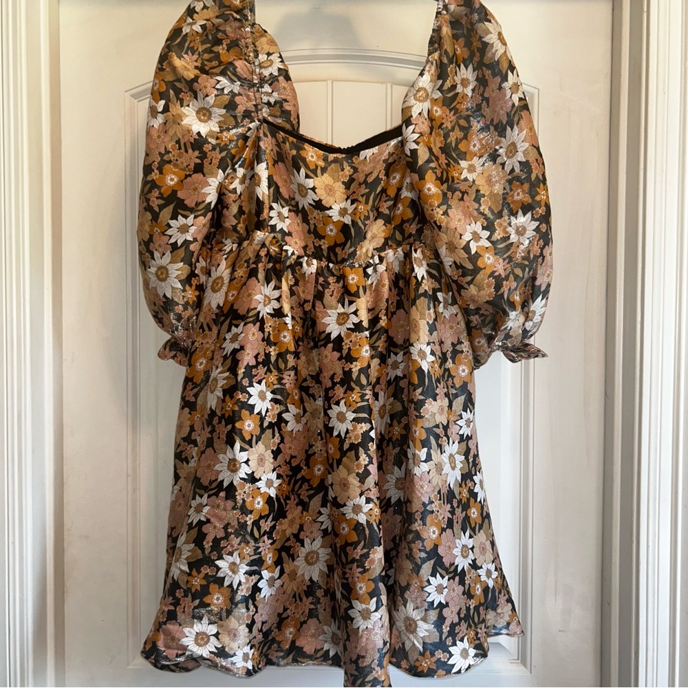 Storia Floral Babydoll Puff Sleeve Dress Brown Orange Shiny Women’s Medium
